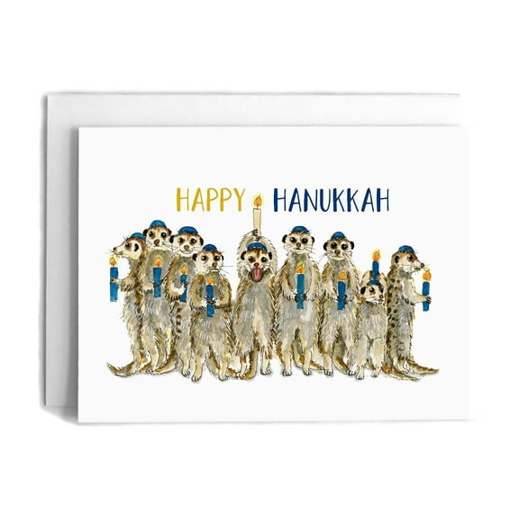 Cute Meerkat Hanukkah Card – “Happy Hanukkah” Design with Festive Candles – Blank Inside, Envelope Included – Perfect for Celebrating the Festival of Lights