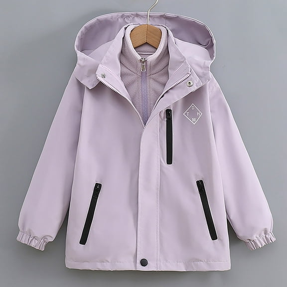 PiGOGI Boys Girls 3-in-1 Windbreaker Jacket Winter Waterproof Hooded Coat Fleece Lined Kids Outdoor Top Purple 14 Years