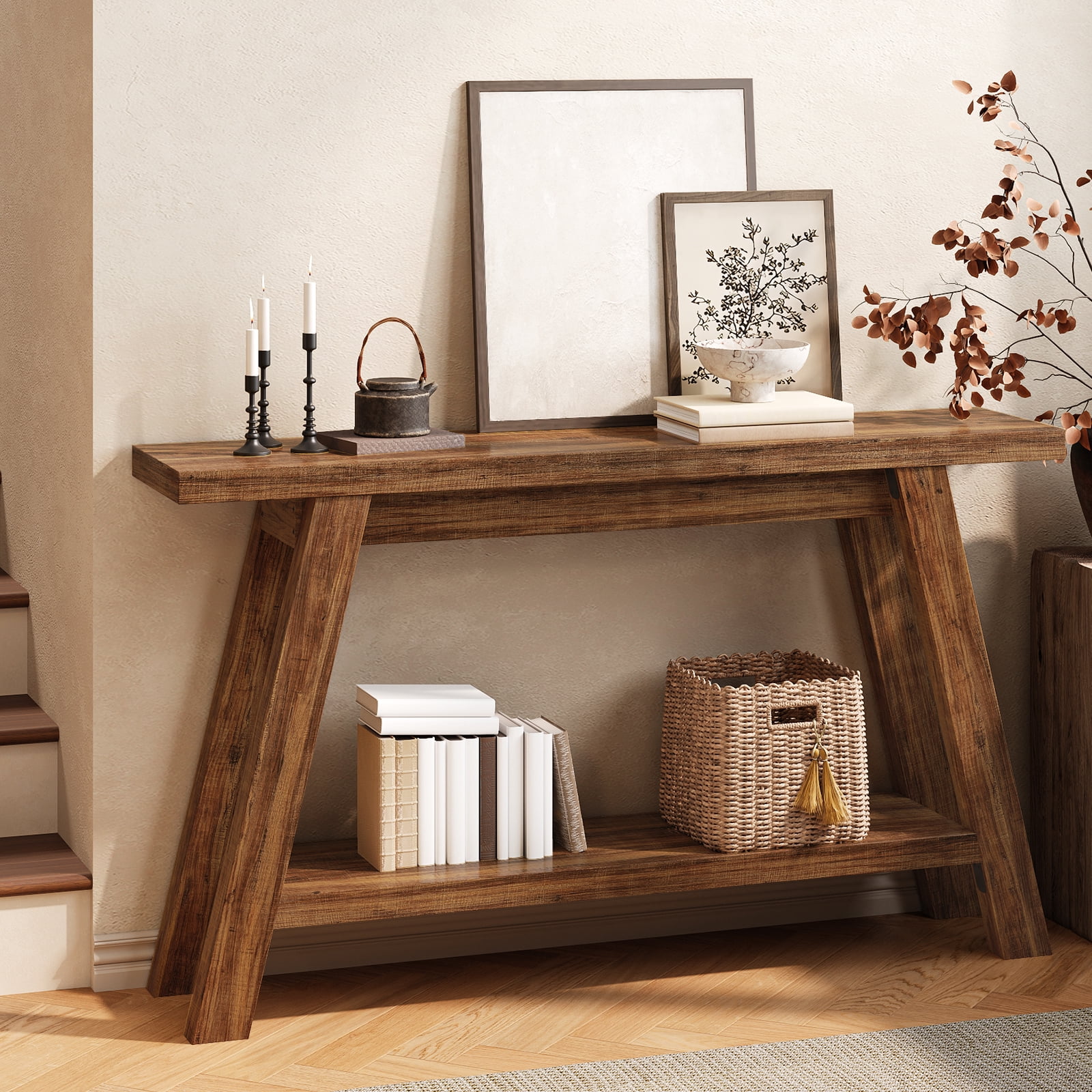 54" Farmhouse 2-Tier Console Table ,Wooden Entryway Sofa Table, Brown