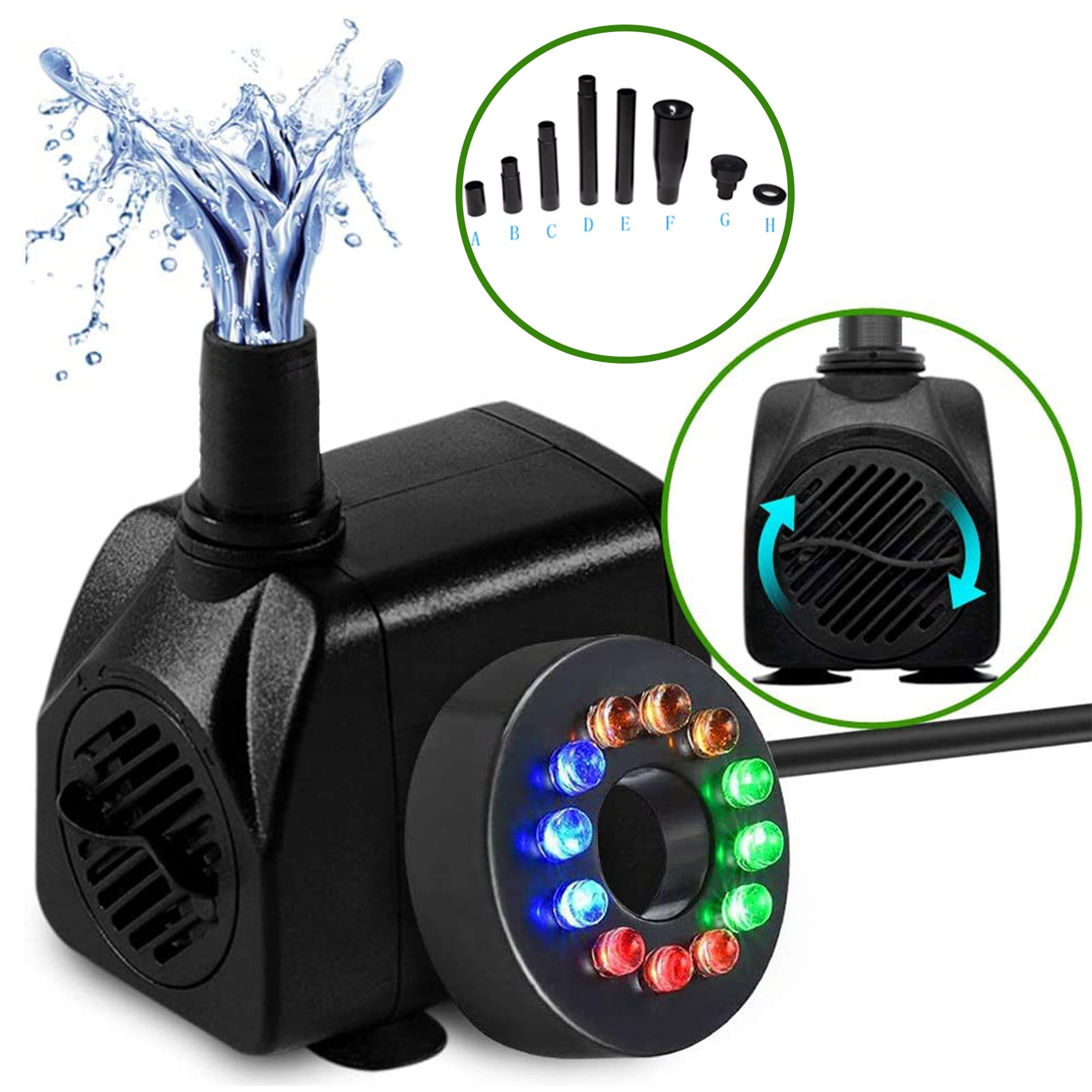 AYYUFE Fountain Pump with LED Light 12 Lamp Beads Strong Suction Cup Hydroponics Garden Pond Fish Tank Aquarium Pump 3-in-1 Ultra Quiet Adjustable Water Pump Indoor Outdoor