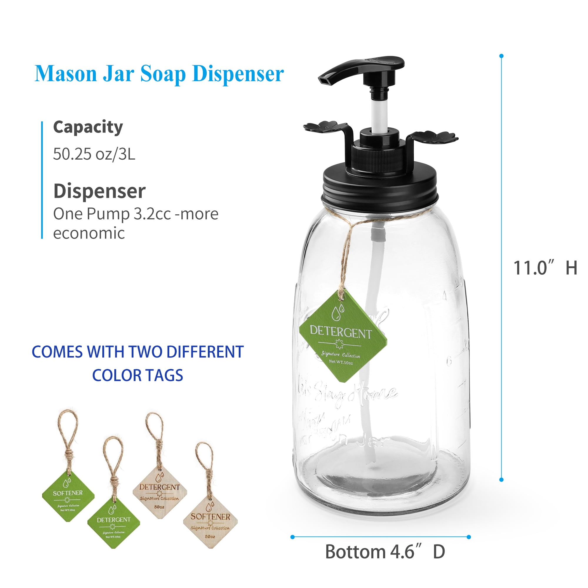 Glass Laundry Detergent Bottle Dispenser, Two 50oz Farmhouse Mason Jar Style with Pump, Black Lid