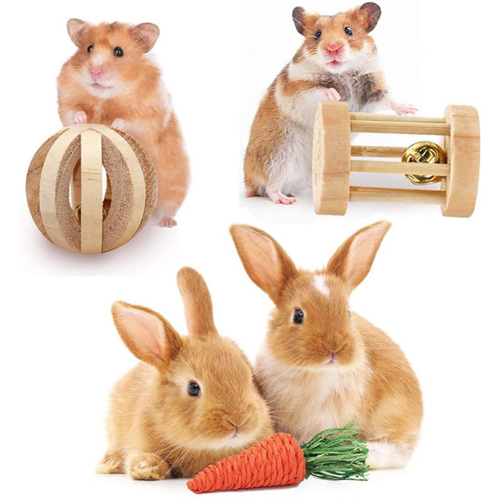 DOPI 6Pcs Hamster Chew Toys Multiple Types Exercise Training Natural Wood Small Pet Ladder Swing Toy Set for Rabbit