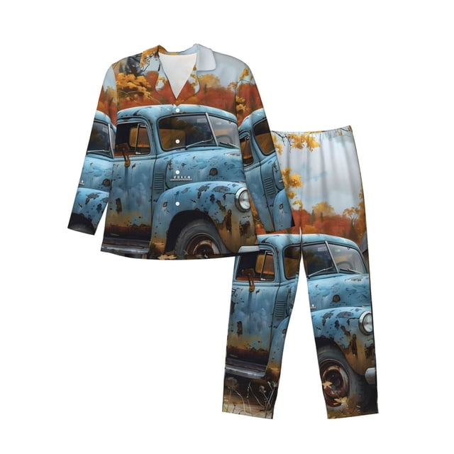 Fotbe Rustic Vintage Truck Autumn Pijama de Hombre con Estampado de Manga Larga, Conjunto de 2 Piezas, Ropa de Dormir Suave y Cómoda con Bolsillos-Large