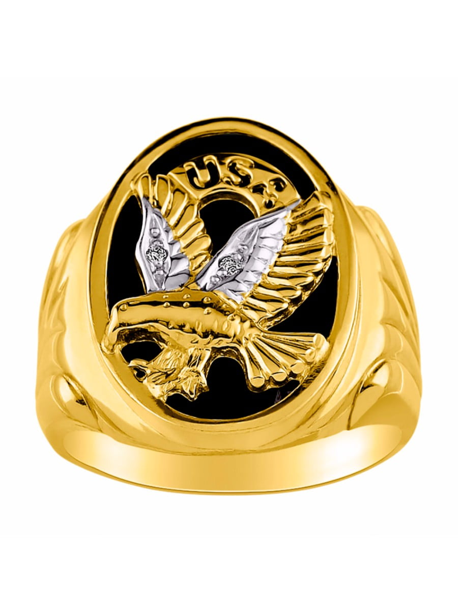 RYLOS Mens Rings Gold Plated Silver Ring Designer Patriotic Eagle USA Ring With Diamonds and