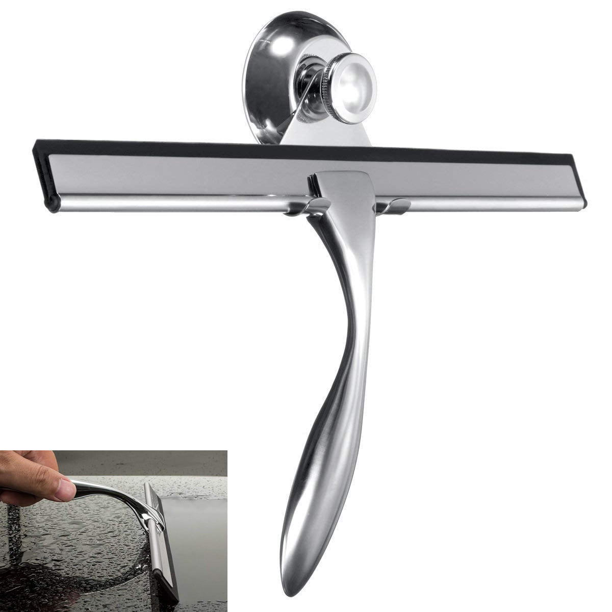 Shower Squeegee Adhesive Holder Hooks - Deluxe Stainless Steel Wiper  Scraper for Bathroom Shower Glass Door, Mirror, Windows, Tiles - Chrome