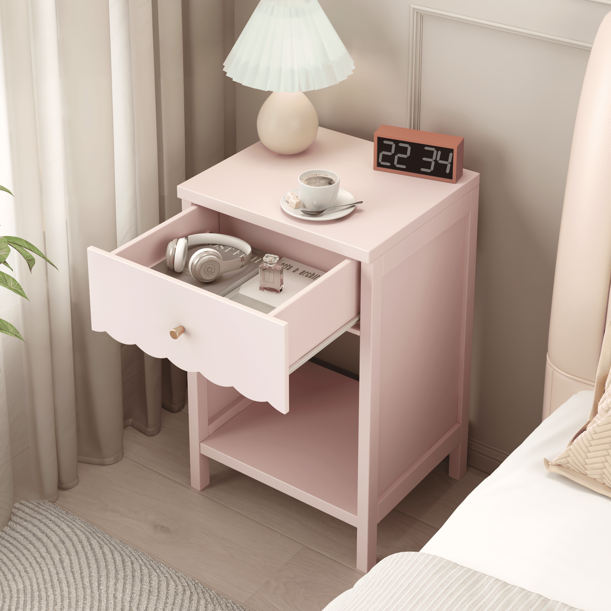 Pink Scalloped Nightstand with Drawer and Open Shelf Bedside End Table Kids Room Storage