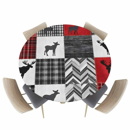 Round Fitted Tablecloth Retro Reindeer Silhouette Circle Table Cover Waterproof Table Cloth with Elastic Edge Buffalo Wood Plank Stitching Art Outdoor Tablecloths for Kitchen Picnic 45-54in