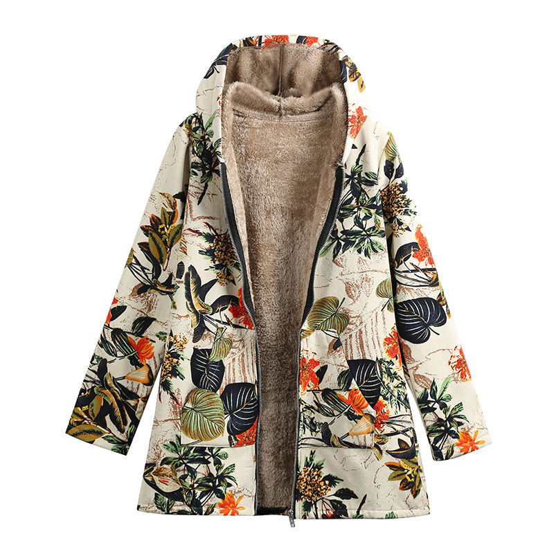 Women Faux Fur Hooded Parka Coat Floral Print Side Pockets Warm Vintage Casual Long Coat Outwear - image 5 of 7
