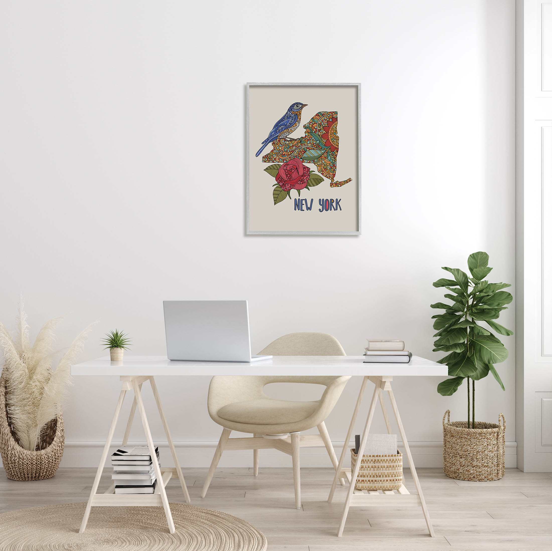 Stupell Industries Paisley Pattern New York State Graphic Art Gray Framed Art Print Wall Art, Design by Valentina Harper
