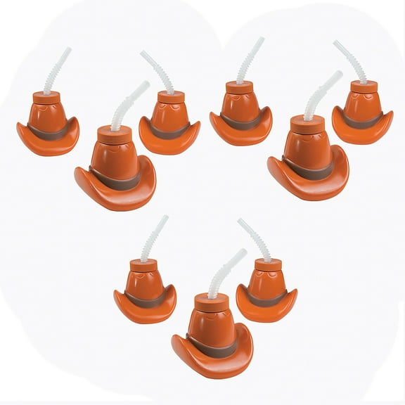 Fun Express 15 oz. Bulk 60 Count Cowboy Hat Reusable BPA-Free Plastic Cups with Lids & Straws