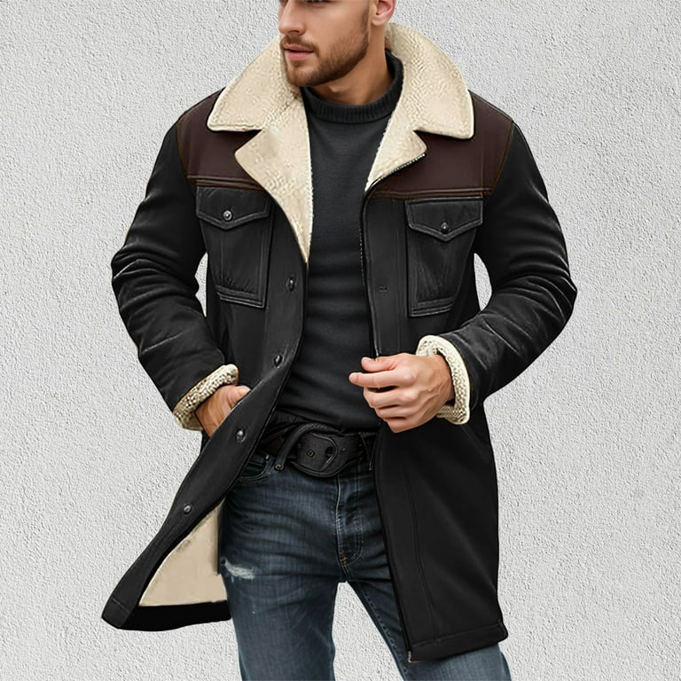 ジャケット・アウター NOKCHAmannish middle leather like jacket Mens Patchwork Jacket Notched Collar Coats Leather Winter Long