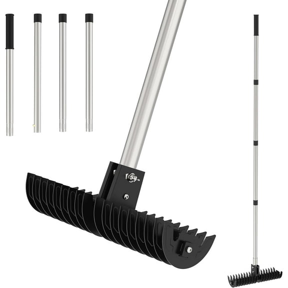 JouZYA Lawn Thatch Rake, 15-Inch Steel Dethatcher, Adjustable 0-15° Angle & 38-68" Length, Heavy-Duty Yard Tool for Dead Grass Removal & Lawn Care