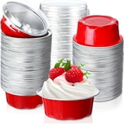 BlinkLLX 50 Pcs Baking Cups with Lids, 1.6 oz Muffin Cupcake Liners Aluminum Foil Mini Cake Pans Small Disposable Ramekins Flan Containers with Lids for Christmas, Birthday, Various Holiday(Red)