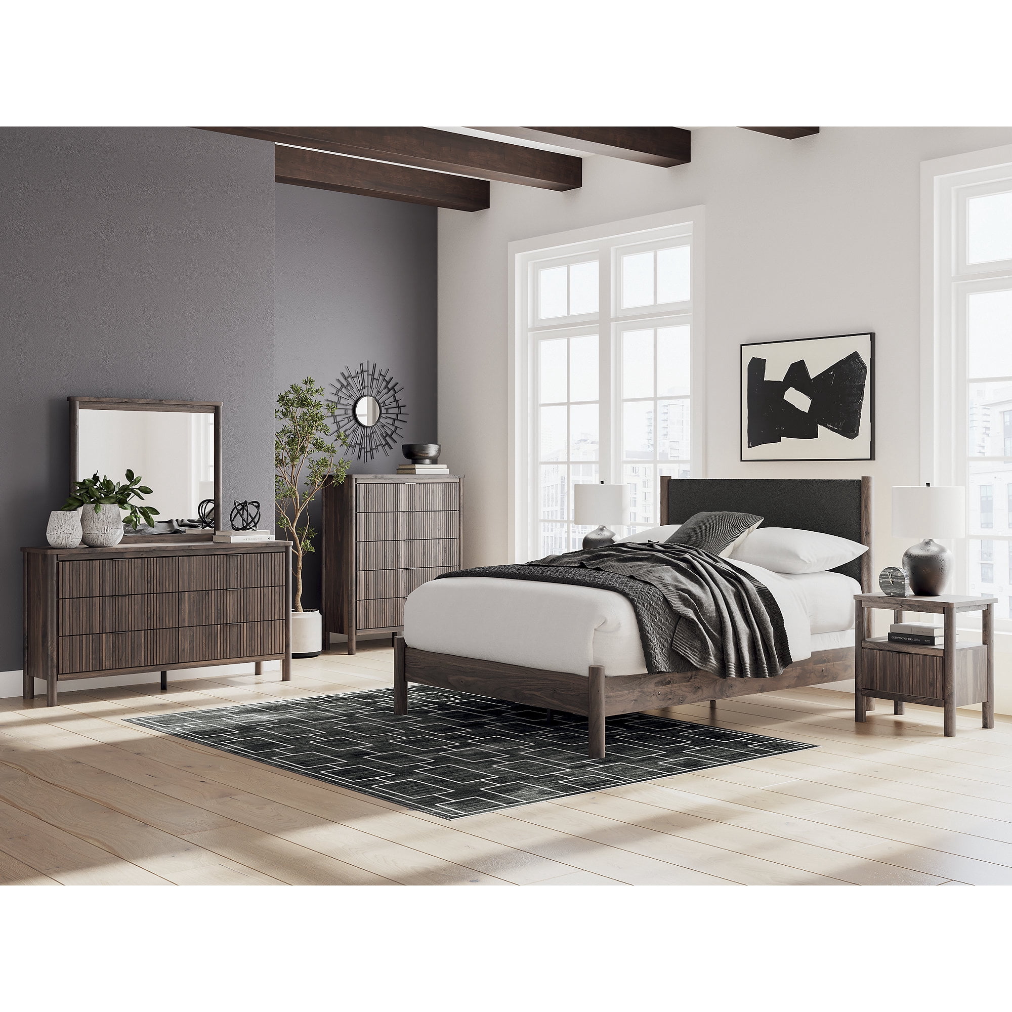 Signature Design by Ashley Cadmori One Drawer Nightstand - Rich Brown Walnut Finish, USB-A & USB-C Charging, Ambient Lighting, Reeded Accents