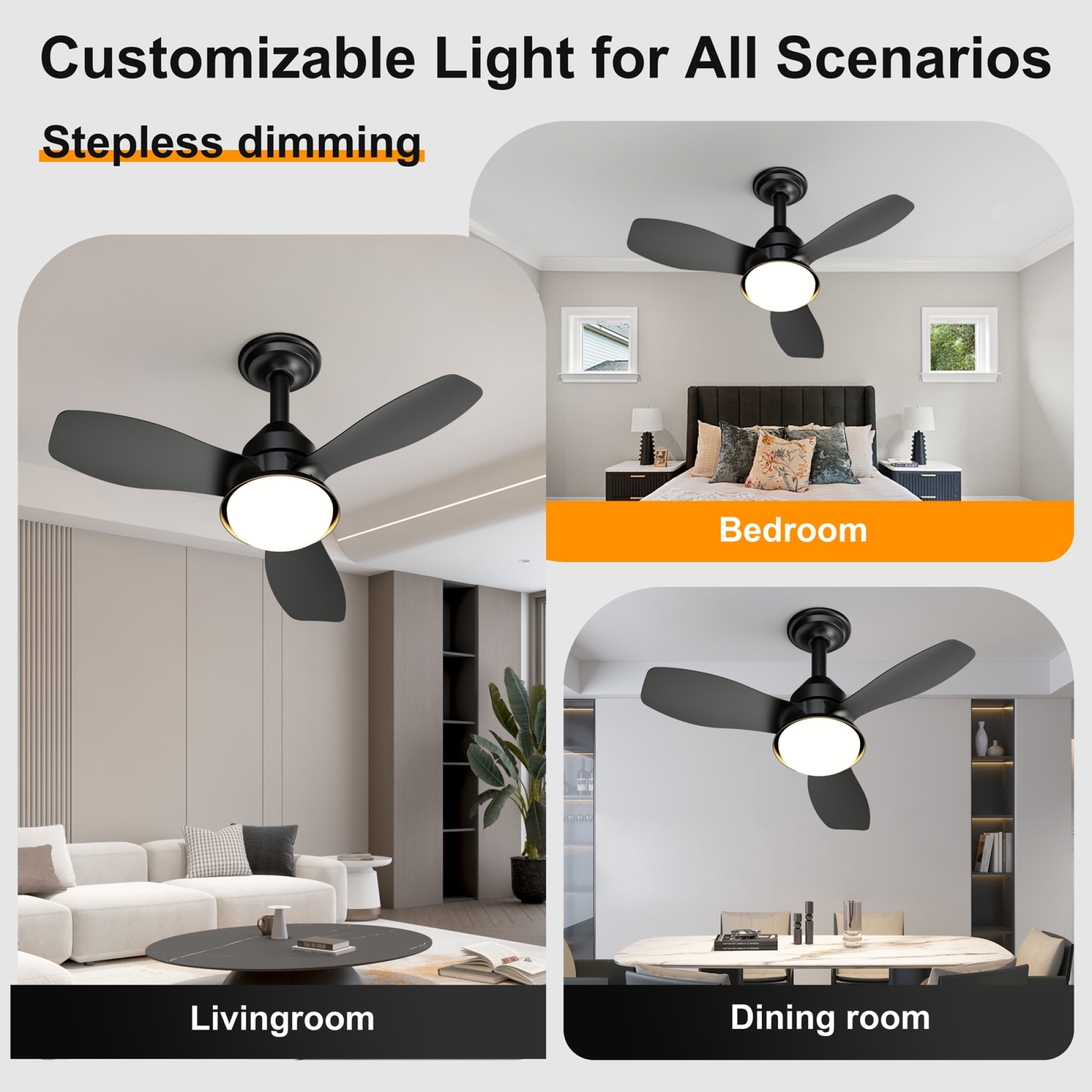 Leumius 24.4" Black Ceiling Fan with Light, 3 Blades, 6-Speed Reversible Quiet DC Motor, Dimmable LED, APP & Remote Control, Flush Mount for Bedroom Living Room Covered Patio