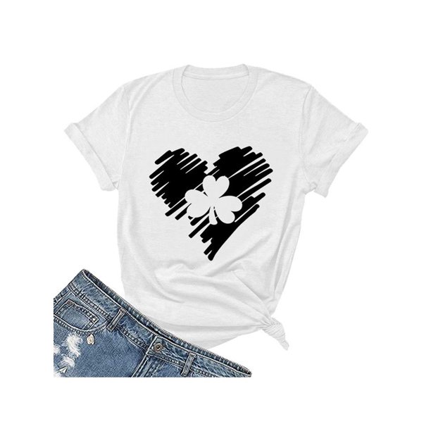 Haite Women T-shirt Clover Print Summer Tops Crew Neck T Shirt