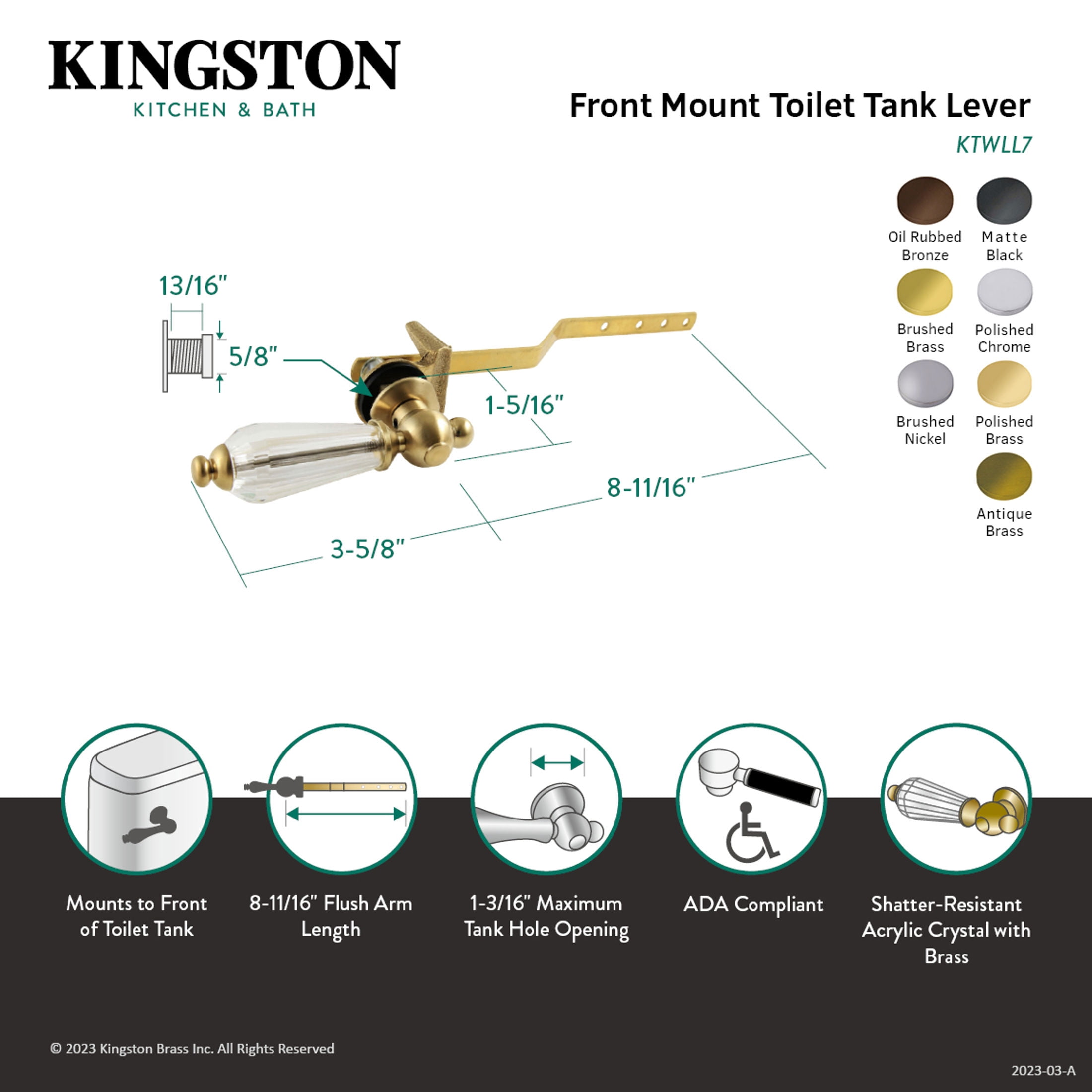 Kingston Brass KTWLL8 Wilshire Front Mount Toilet Tank Lever, Left/Right Installation in Brushed Nickel