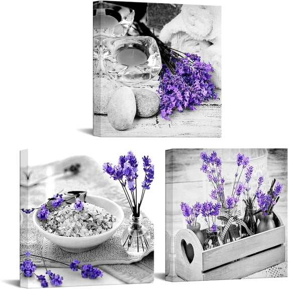3 Piece Canvas Wall Art for Bedroom Bathroom Wall Decor Purple Lavender Flower and Zen Stone Painting Pictures Print on Canvas Spa Still Life Artwork Framed Ready to Hang