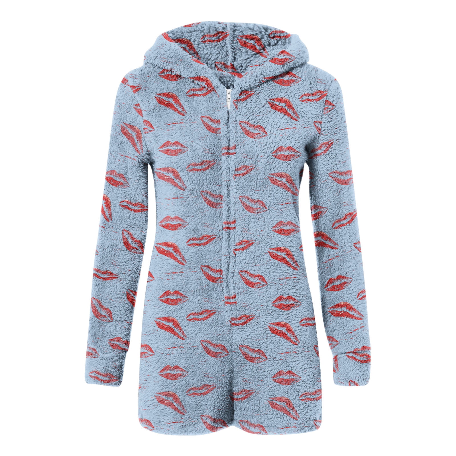 Womens Long Sleeve Onesies Pajamas Fuzzy Zip-Up Hooded Romper Warm Short Playsuit Jumpsuit Fleece Sherpa Sleepwear Light Blue, XL