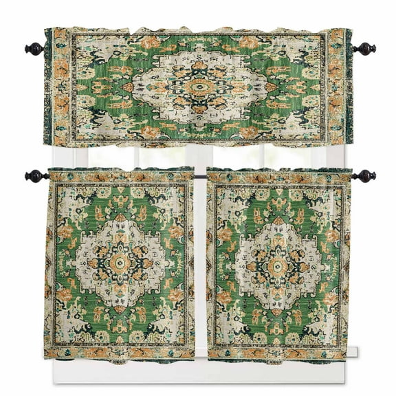 Green Boho Kitchen Curtain Set, Farmhouse Tribal Vintage Tribal Texture Window Valance and Tiers 24" Length, Light Filtering Short Curtains Valance for Cafe Bathroom Bedroom 54"x18"