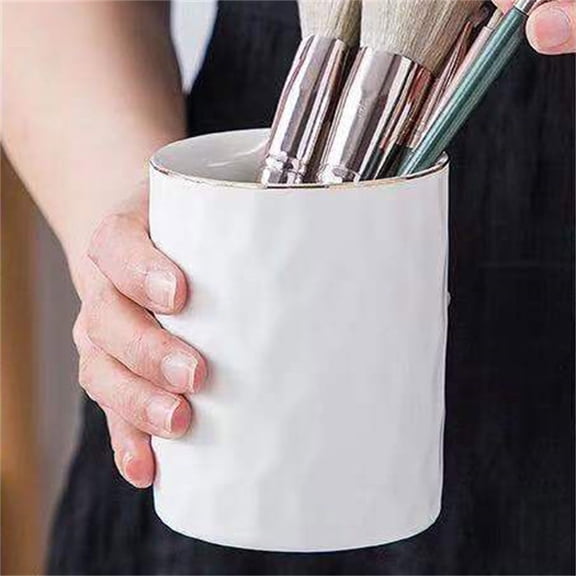 CoreLiving Ceramic Pen Holder Cup Pencil Holder for Desk Makeup Brush Holder Organizer Countertop Pen Cup Cute Office Desk Accessories White