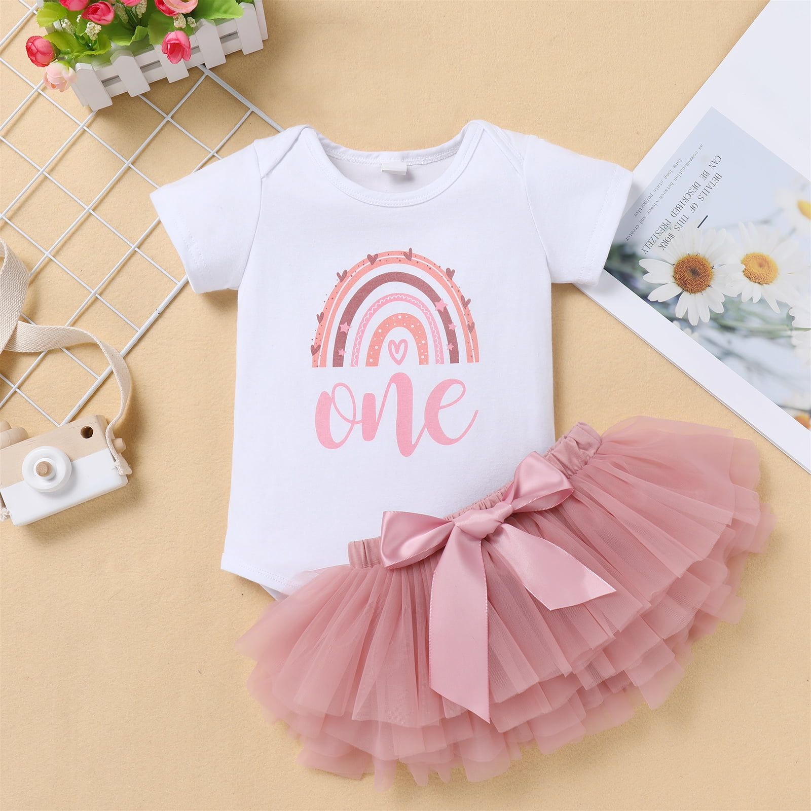 IBTOM CASTLE Toddler Baby Girls First Birthday Outfit Rainbow Boho Bohemian Romper+Tutu Skirt+Crown Cake Smash Clothes Set for Photo Shoot 2 Years Dusty Pink+Crown