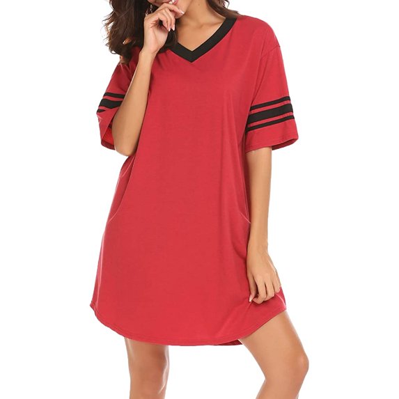 Emmababy Women Short Sleeve Midi Sleep Dress Casual V-Neck Baggy Pajama
