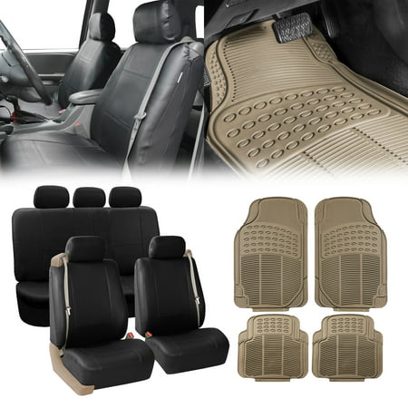 FH Group PU Leather Integrated Seatbelt Seat Covers, Full Set with Beige Heavy Duty Floor mat,