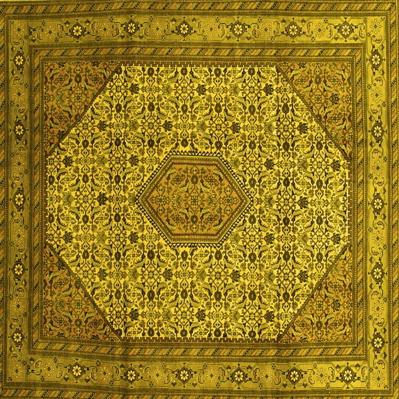 Ahgly Company Machine Washable Indoor Square Medallion Yellow Traditional Area Rugs, 6' Square