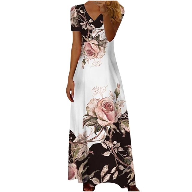 QIPOPIQ Robes pour Femmes Robe Évasée à Étages Manches Courtes Printemps et Loisirs Vacances Été Robe Midi Col en V Robes Décontractées Robe Imprimée Offres 2023
