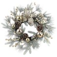 thumbnail image 1 of Corona navideña de 19,7 pulgadas, corona navideña artificial de pino esmerilado, adornos plateados con piñas, flor de Pascua con purpurina, decoración de puerta de invierno para decoración del hogar e, 1 of 5