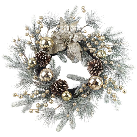 Christmas Wreath 19.7 inch, Frosted Pine Artificial Holiday Wreath, Silver Ornaments with Pinecones, Glitter Poinsettia, Winter Door Decoration for Indoor Outdoor Home Decor