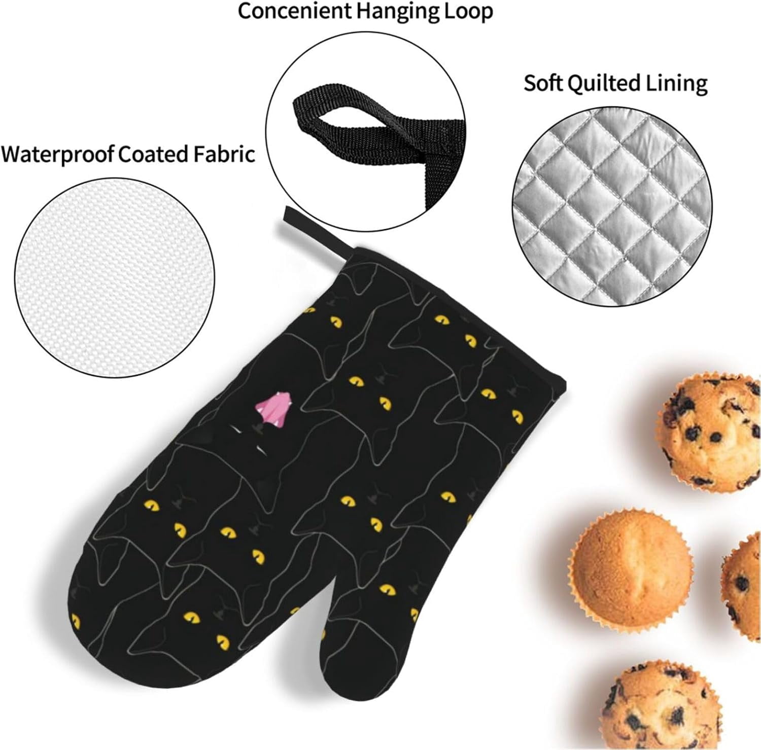 Cute Black Cats Oven Mitts and Pot Holders Sets of 4，Heat Resistant Kitchen Microwave Gloves Non-Slip Pot Pads for Grilling Baking Cooking BBQ