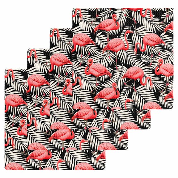 Red Flamingo Kitchen Dish Towels for Drying Dishes Set of 4, Summer Tropical Plants Leaves Botanical Black Waffle Weave Microfiber Hand Tea Bathroom Towels Quick Dry & Absorbent Towel 12x12