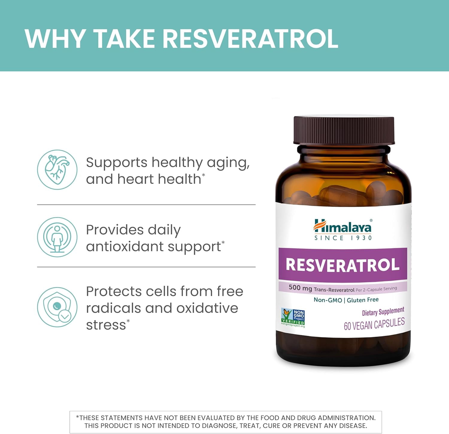 Himalaya Resveratrol for Healthy Aging and Antioxidant Support, 1,000 mg of Resveratrol, with 500 mg Trans-Resveratrol Daily, 60 Vegan Capsules, 1 Month Supply