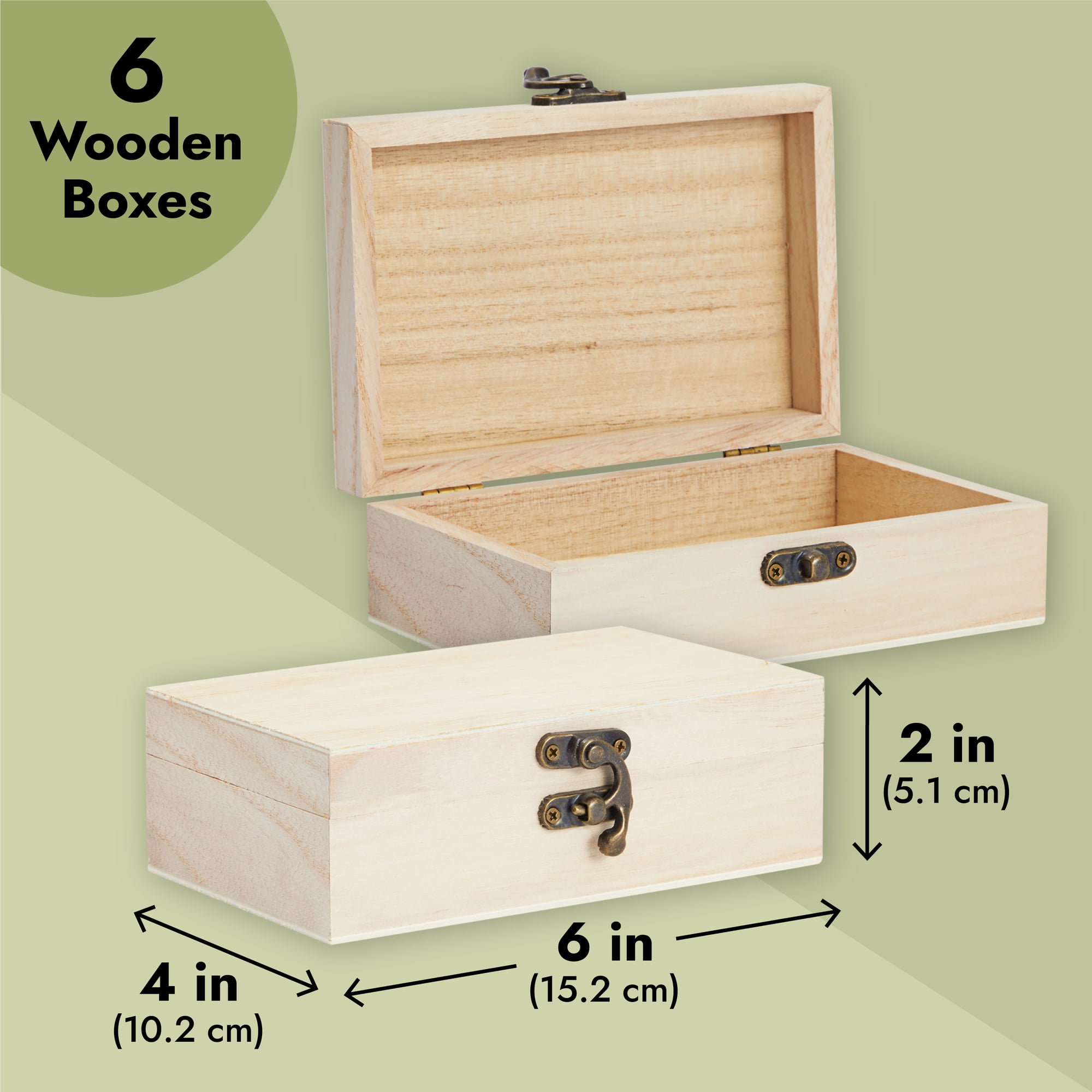 Juvale 6-Pack Unfinished Wooden Boxes for Crafts with Hinged Lids and Front  Clasps, Small Size, Natural Color (6x4x2 in)