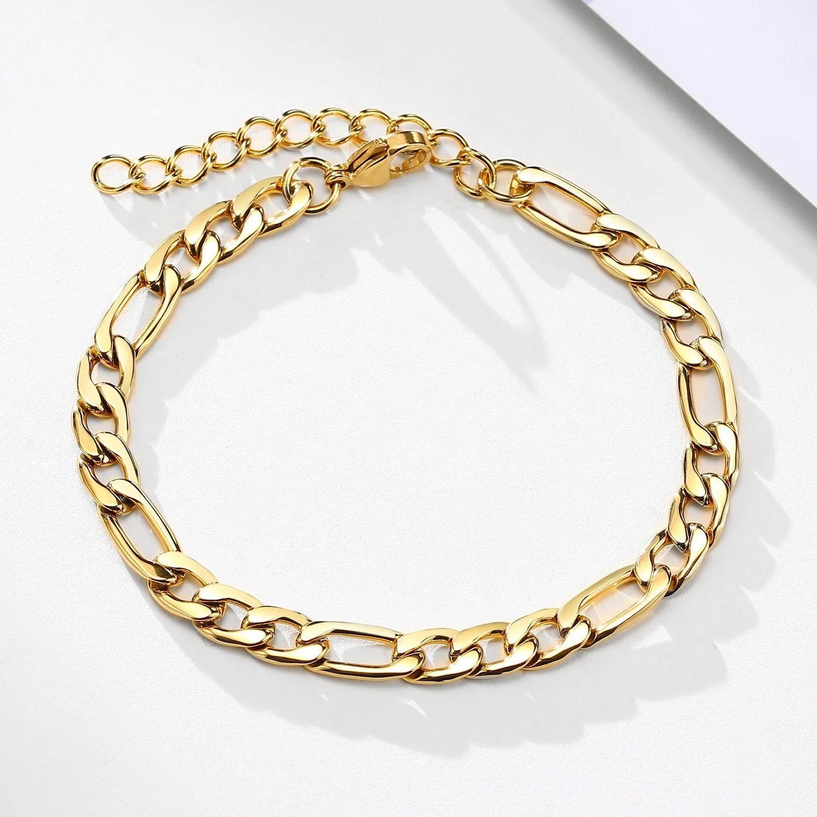 7MM Figaro Chain Bracelets for Men Women,Simple Punk 14K Yellow Gold Link Wristband Jewelry Gift,Length Adjustable