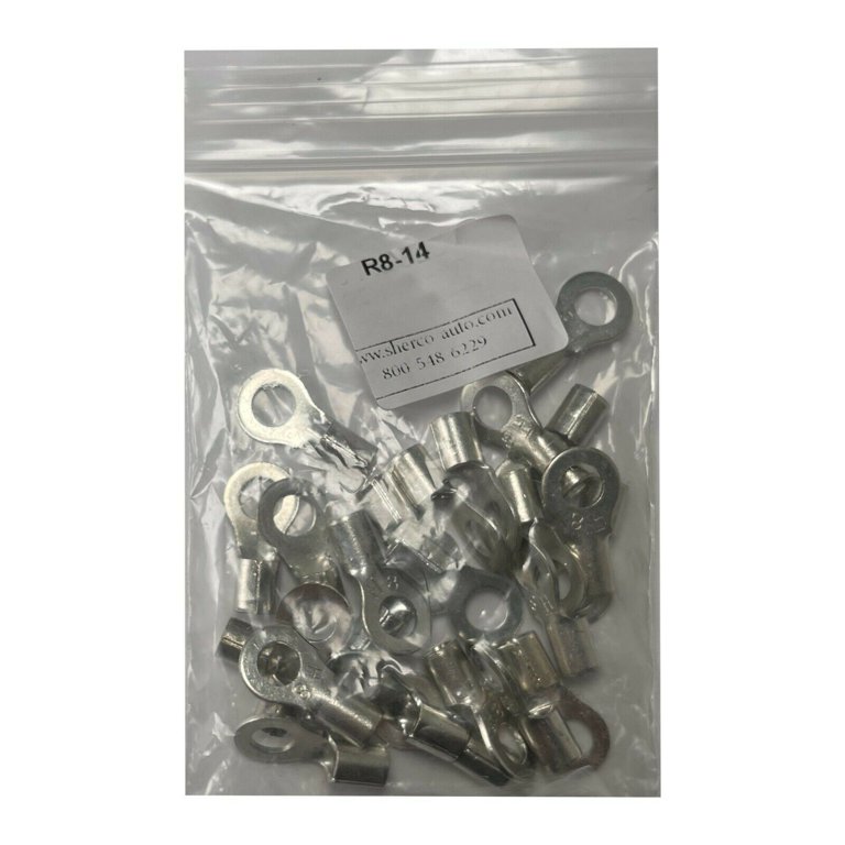 100 Pc High Temp 8 AWG Ring Terminals - 1/4" Stud, Non-Insulated Wire Connectors