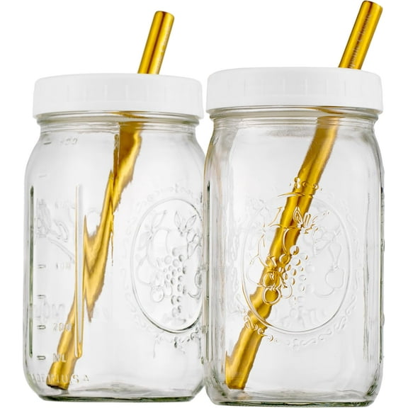 Reusable Wide Mouth Smoothie Boba Tea Cups Bubble Tea Cups with Lids and Gold Straws Mason Jars Glass Cups (2-pack, 32 oz mason jars)