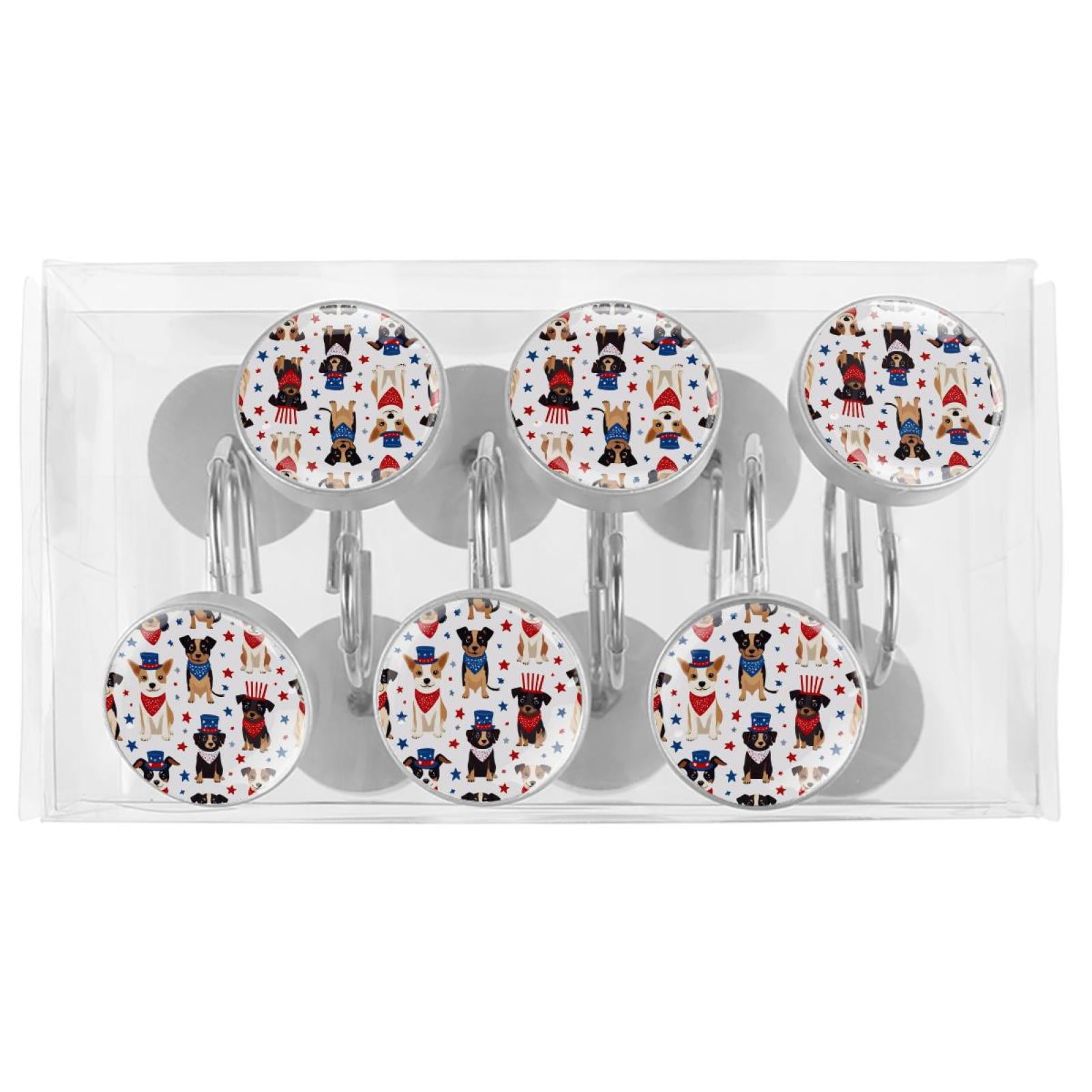 12pcs Decorative Shower Curtain Hooks, Rust Resistant Shower Rings for Bathroom Living Room,Rustproof Stainless Steel Rings for Shower Curtain and Liner Rods,4th of July Dogs