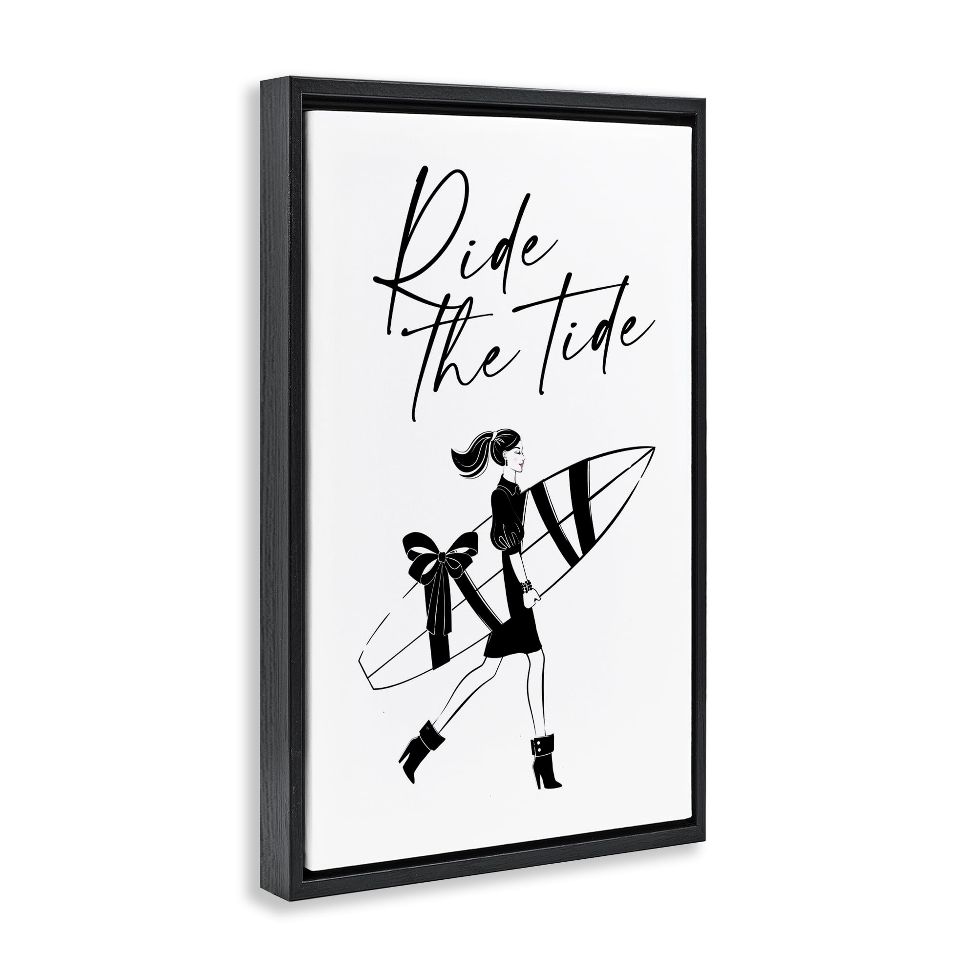 Stupell Industries Ride The Tide Surfer Novelty Painting Black Floater Framed Art Print Wall Art, 21 x 31
