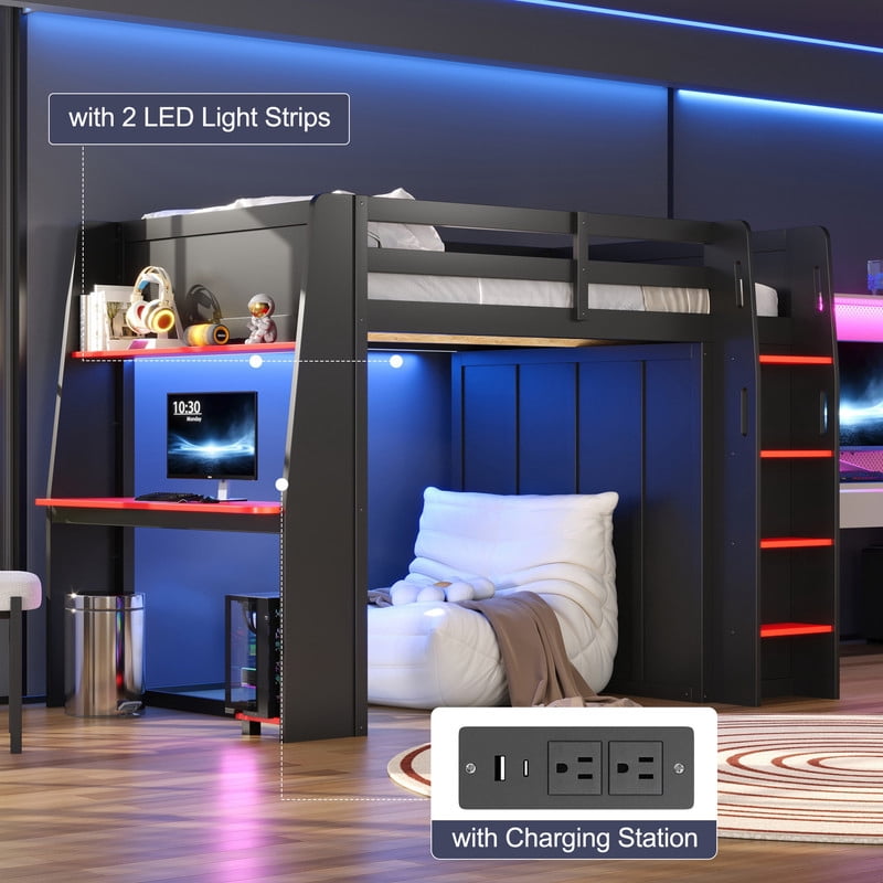 Full Size Wooden Loft Bed with Built-in Desk & Charging Station, Kids Storage Bed Frame with LED Light & Double Door Wardrobe