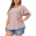 thumbnail image 4 of Agnes Orinda Plus Size t Shirt for Women Crew Neck Loose Fit Ruffle Sleeve Summer Hollow Casual Tops Blouse 1X Pink, 4 of 6