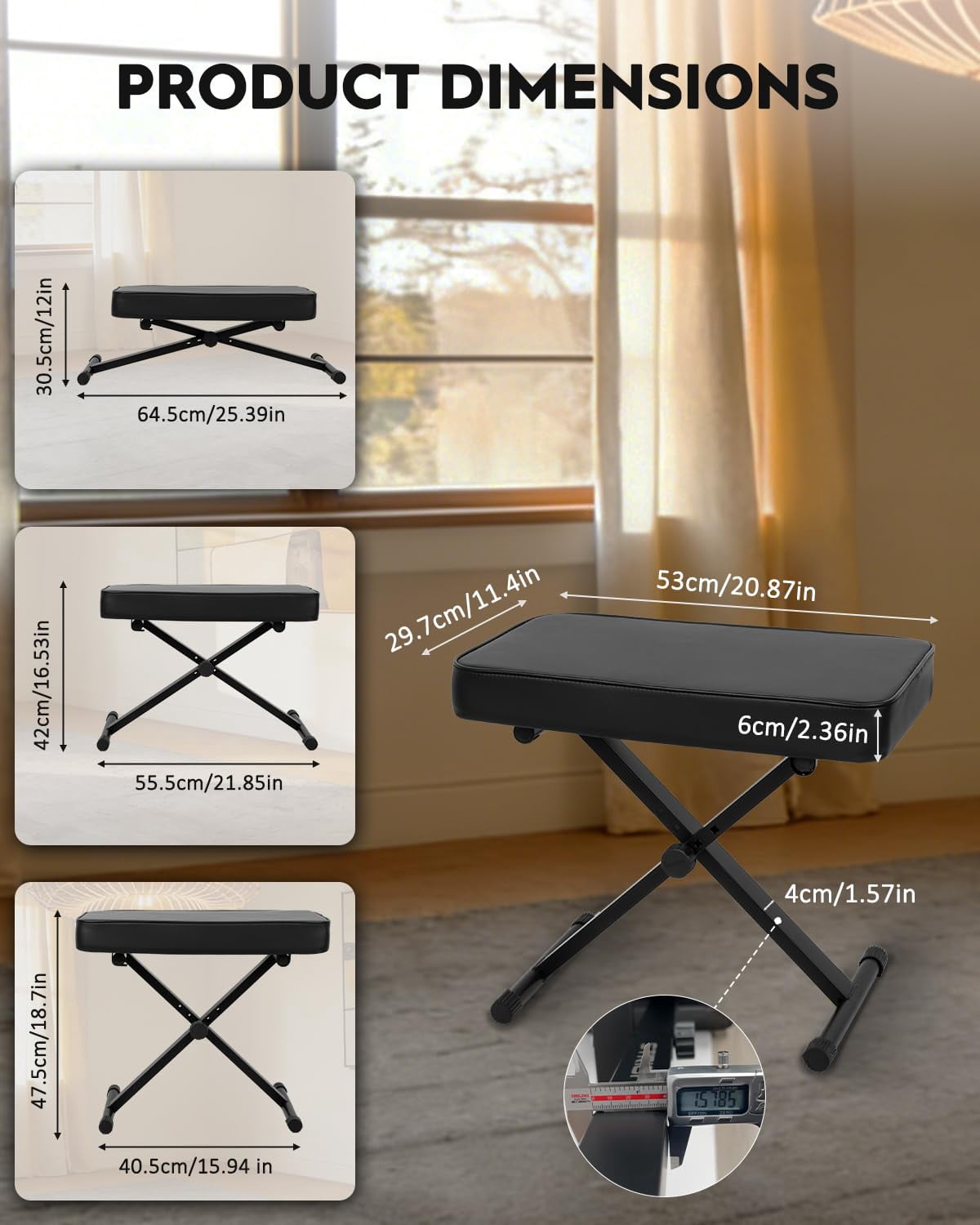 Piano Bench Folding Stool  Adjustable X-style Chair With 2.3 Inch Thicken Soft Cushion Keyboard For Musicians Black Spb-m15