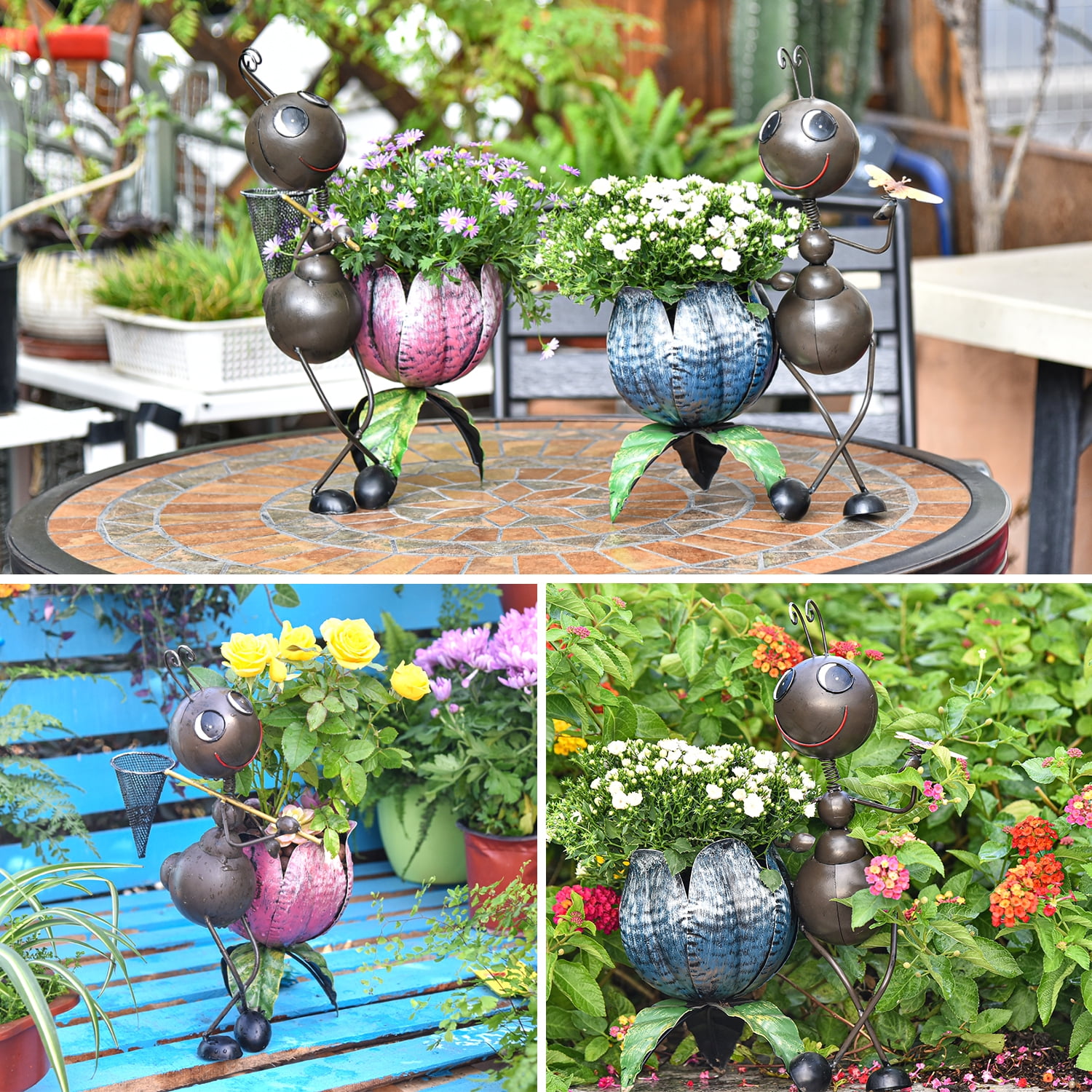 Sungmor Metal Home Garden Planters Outdoor 15" Ant Statues Decorative Flower Pots 2PCS