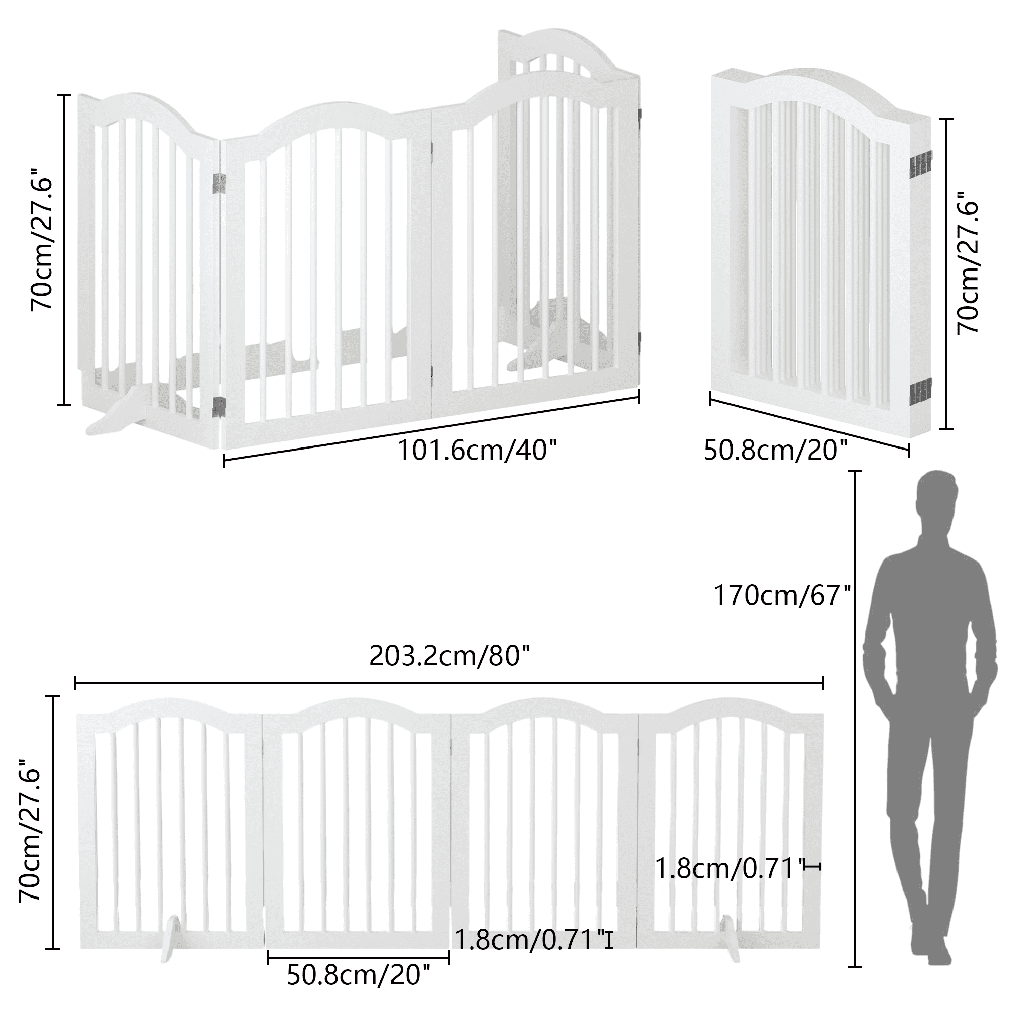 ZephyPaws 28”H Free Standing Pet Gate for Dog Cat,80in Width Wooden Dog Gates with 2 pcs Support Feet for Doorway,Stairs,Foldable Pet Fence for The House,Expandable Dog Barrier,White