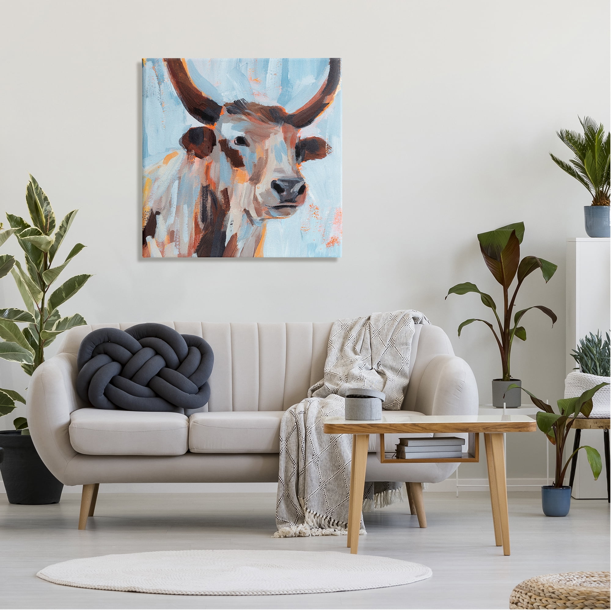 Stupell Industries Modern Cattle Cow Painterly Brushstrokes Blue Background Canvas Wall Art, 30 x 30, Design by Annie Warren