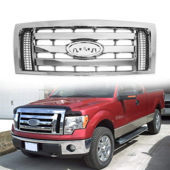 Chrome Front Bumper Grille Assembly Cover Guard Grill For 2009- 2014 Ford F-150 Plastic Shell/Black Insert XLT Model Replaces 9L3Z8200D FO1200511