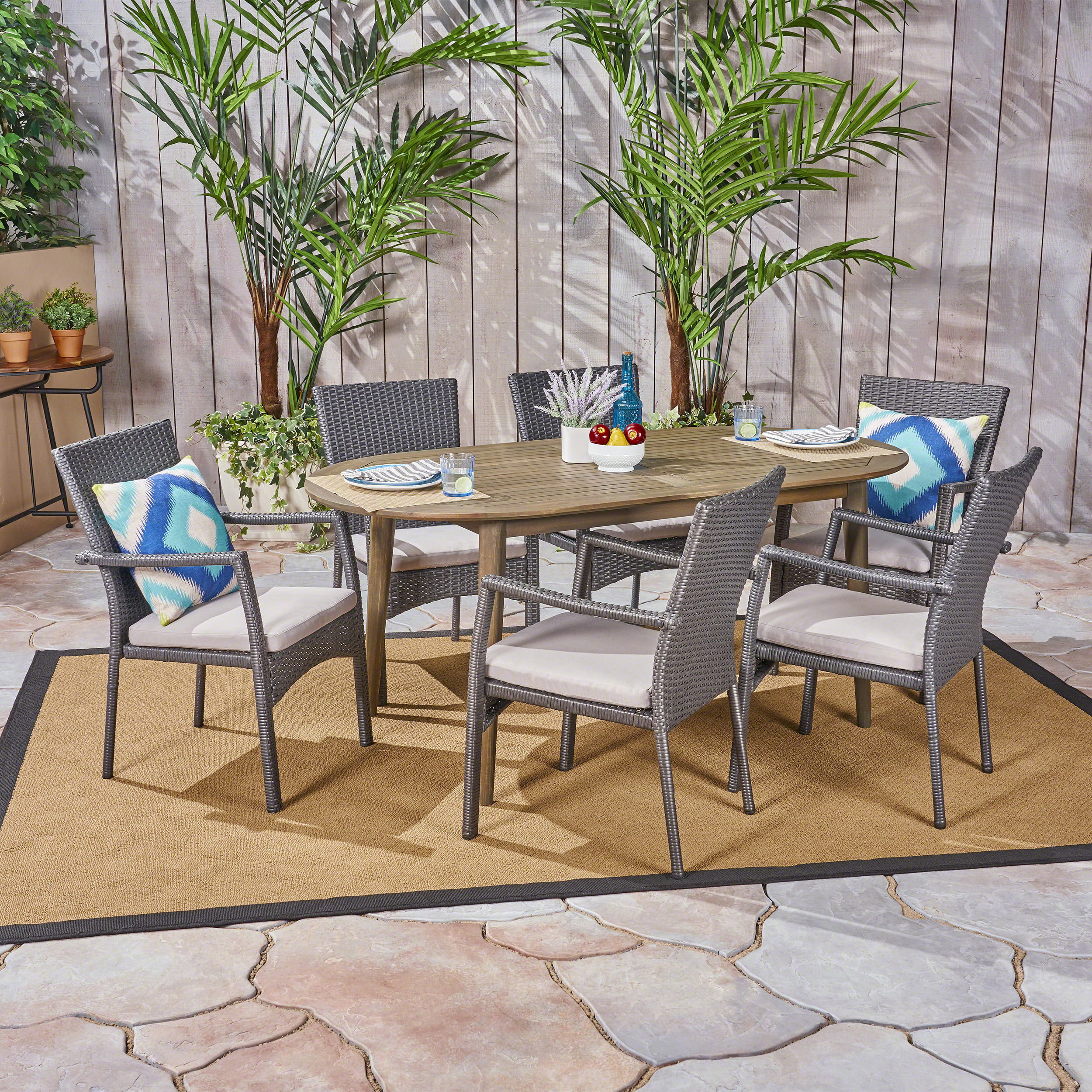 Jaxson Outdoor 7 Piece Acacia Wood Dining Set with Wicker Chairs and ...