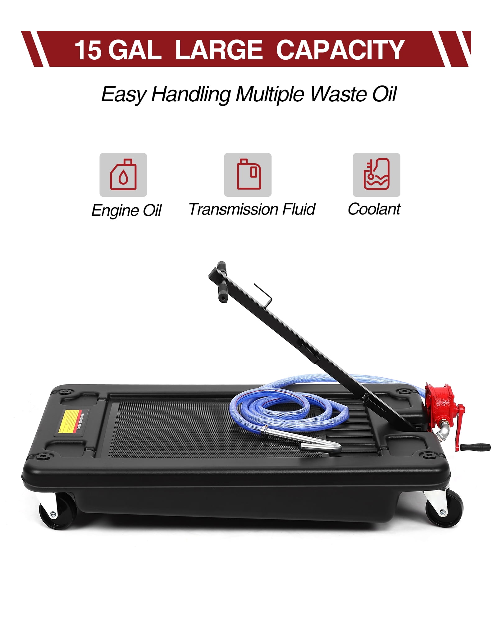 Low Profile Oil Drain Pan, 17 Gallon Capacity, Rolling Oil Drain Pan with Manual Pump, 7.2 ft Hose & T Folding Handle, Leak-Proof & Corrosion-Resistant, Fit for Cars, SUVs, Trucks, ATVs